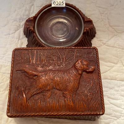 Vtg wooden hunting dog ash tray and box