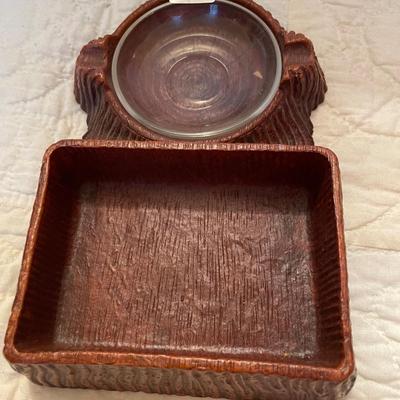 Vtg wooden hunting dog ash tray and box
