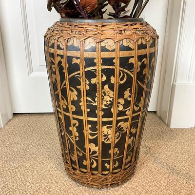 584 Rattan Wrapped Terracotta Decorative Vase W/ Eucalyptus