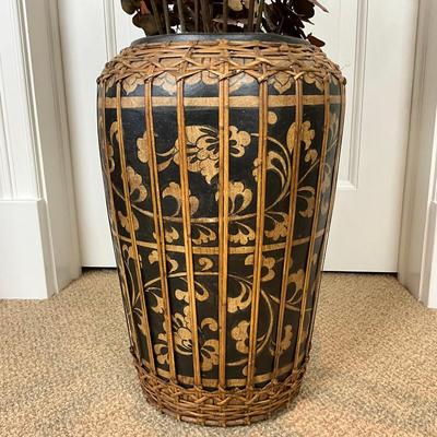 584 Rattan Wrapped Terracotta Decorative Vase W/ Eucalyptus