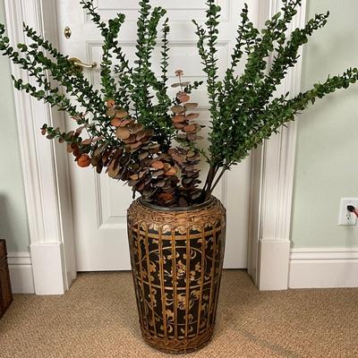 584 Rattan Wrapped Terracotta Decorative Vase W/ Eucalyptus