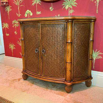598 Pelican Reef Glass Top Rattan Console Cabinet