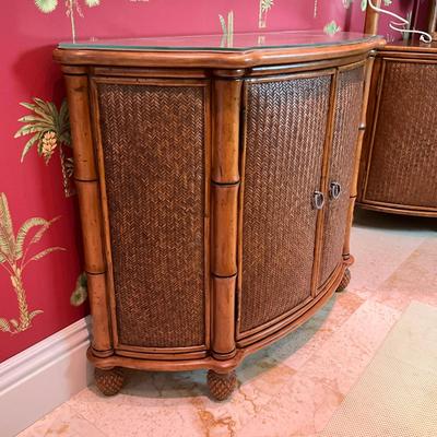598 Pelican Reef Glass Top Rattan Console Cabinet
