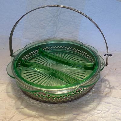 Divided green glass relish dish w/caddy carrier