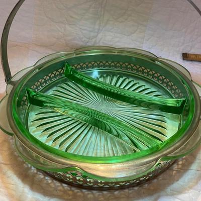 Divided green glass relish dish w/caddy carrier