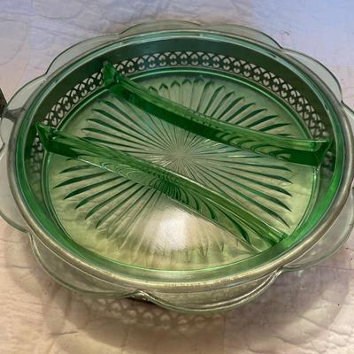 Divided green glass relish dish w/caddy carrier