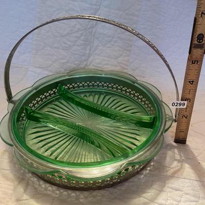 Divided green glass relish dish w/caddy carrier
