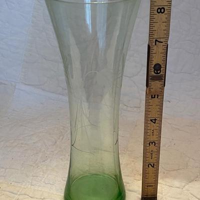8” etched green vase