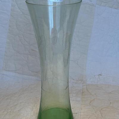 8” etched green vase