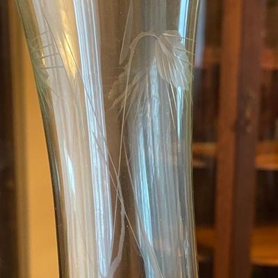 8” etched green vase