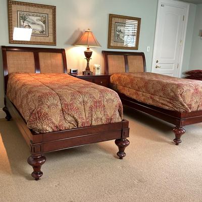 577 Pair of GRANGE Cherry and Rattan Twin Beds