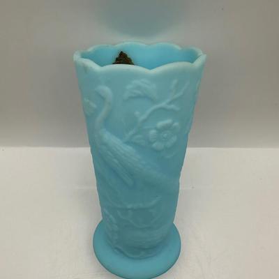 FENTON Blue Satin Milk Glass Peacock Vase Embossed Flowers (See Details)