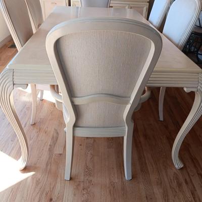 WHITE WASHED SOLID WOOD DINING TABLE W/6 CHAIRS AND 2 LEAVES (MATCHES LOTS 127 & 128)