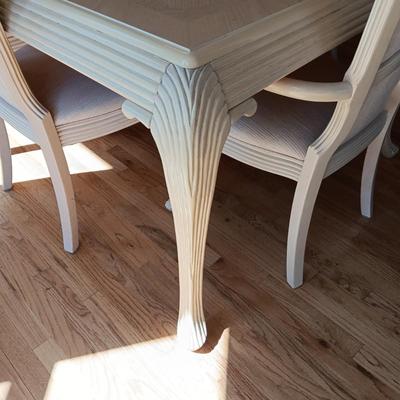 WHITE WASHED SOLID WOOD DINING TABLE W/6 CHAIRS AND 2 LEAVES (MATCHES LOTS 127 & 128)