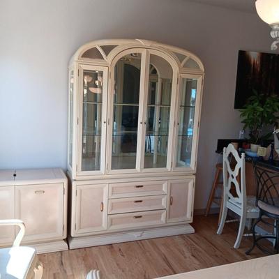 2 PIECE WHITEWASHED LIGHTED CHINA HUTCH (MATCHES LOT 127 & 128)