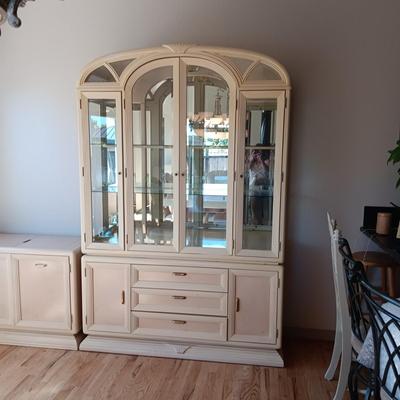 2 PIECE WHITEWASHED LIGHTED CHINA HUTCH (MATCHES LOT 127 & 128)
