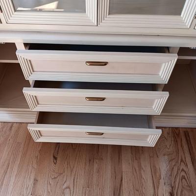 2 PIECE WHITEWASHED LIGHTED CHINA HUTCH (MATCHES LOT 127 & 128)