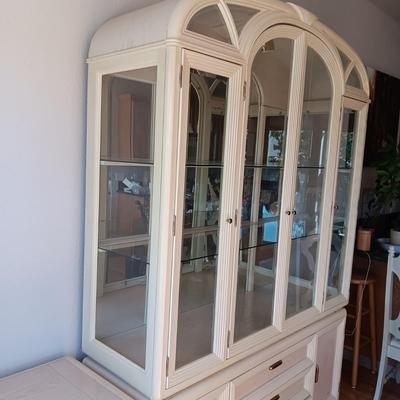 2 PIECE WHITEWASHED LIGHTED CHINA HUTCH (MATCHES LOT 127 & 128)