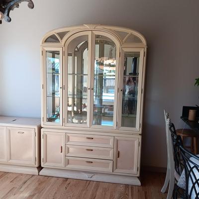 2 PIECE WHITEWASHED LIGHTED CHINA HUTCH (MATCHES LOT 127 & 128)