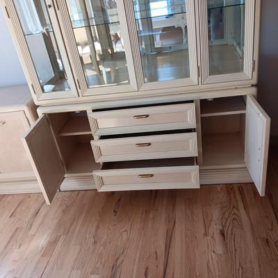 2 PIECE WHITEWASHED LIGHTED CHINA HUTCH (MATCHES LOT 127 & 128)