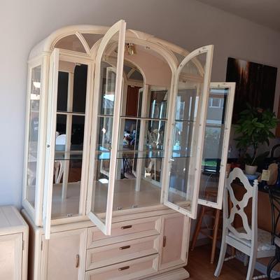 2 PIECE WHITEWASHED LIGHTED CHINA HUTCH (MATCHES LOT 127 & 128)