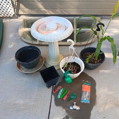 PLASTIC BIRD BATH, FLOWER POTS AND MORE
