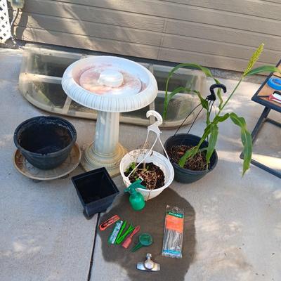 PLASTIC BIRD BATH, FLOWER POTS AND MORE
