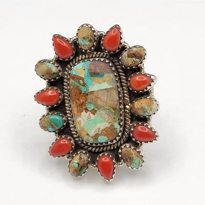 Southwest Turquoise & Coral Cluster Ring 925 Silver 19.1gr