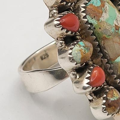 Southwest Turquoise & Coral Cluster Ring 925 Silver 19.1gr