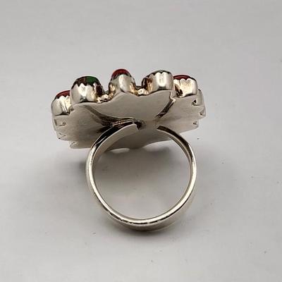 Southwest Turquoise & Coral Cluster Ring 925 Silver 19.1gr