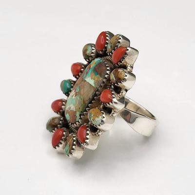 Southwest Turquoise & Coral Cluster Ring 925 Silver 19.1gr