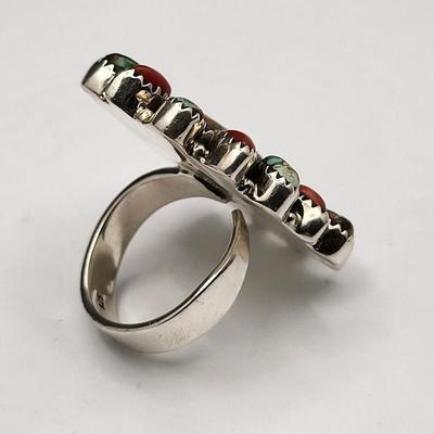 Southwest Turquoise & Coral Cluster Ring 925 Silver 19.1gr