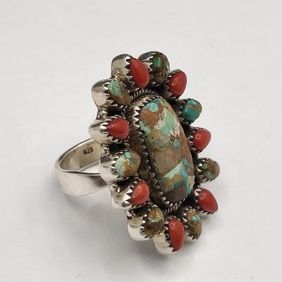 Southwest Turquoise & Coral Cluster Ring 925 Silver 19.1gr