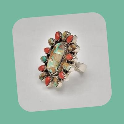 Southwest Turquoise & Coral Cluster Ring 925 Silver 19.1gr