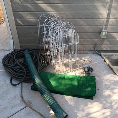 GARDEN HOSES, ARTIFICIAL GRASS, DOWN SPOUT EXTENSION AND FENCING
