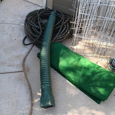 GARDEN HOSES, ARTIFICIAL GRASS, DOWN SPOUT EXTENSION AND FENCING