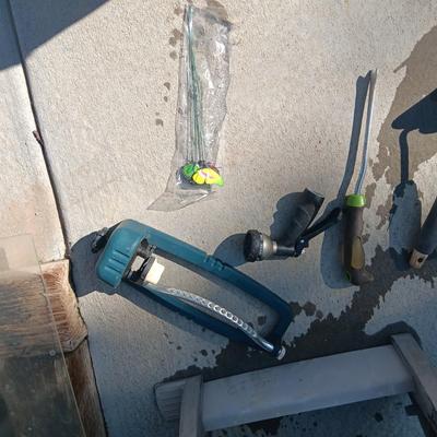 GARDEN HOSE ON A REEL, GARDENING TOOLS AND SPRINKLER
