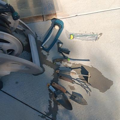 GARDEN HOSE ON A REEL, GARDENING TOOLS AND SPRINKLER