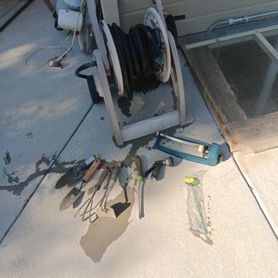 GARDEN HOSE ON A REEL, GARDENING TOOLS AND SPRINKLER
