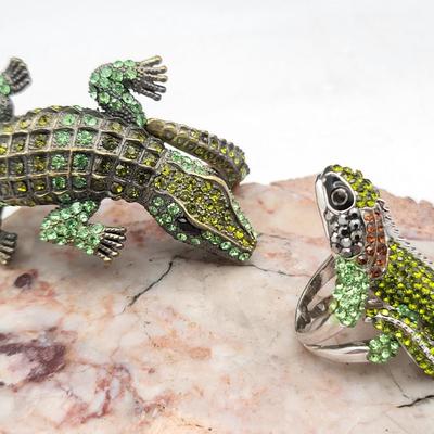 Fabulous Rhinestone Alligator Bracelet, Lizard Ring Size 7.5