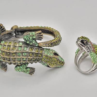 Fabulous Rhinestone Alligator Bracelet, Lizard Ring Size 7.5