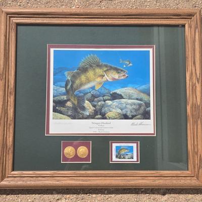 Vintage Collector's Edition 'Stinger-Hooked Walleye' Framed Print & Postage Stamp by Mark Susinno