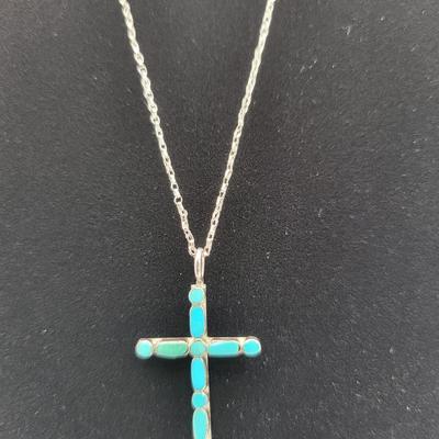Handcrafted Silver & Turquoise Inlay Cross Necklace
