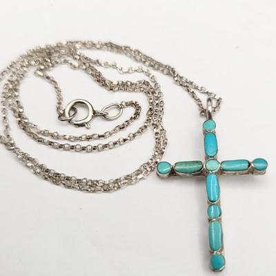 Handcrafted Silver & Turquoise Inlay Cross Necklace