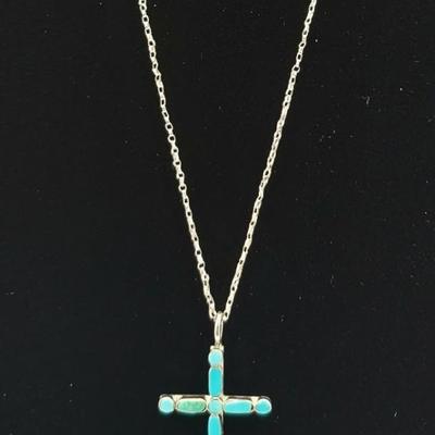 Handcrafted Silver & Turquoise Inlay Cross Necklace