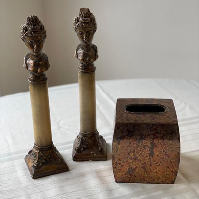 Head Bust Pedestal Candlesticks and Tissue Box Cover