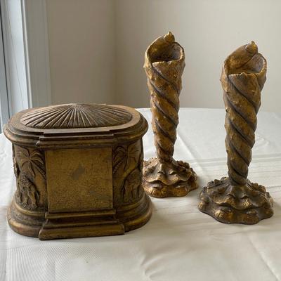 2 Tall Candlesticks and Decorative Elephant Box