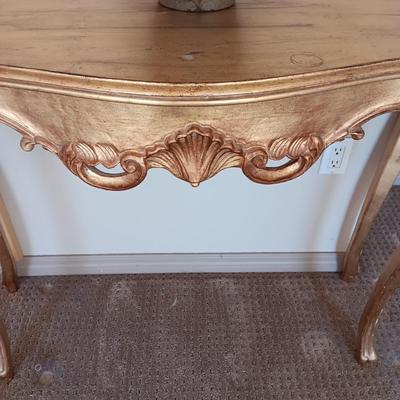 LIVE PLANT & ORNATE GOLD COLORED FOYER OR SOFA TABLE