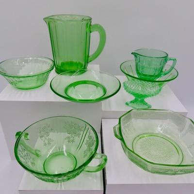 Green Glassware Collection (7 pieces) Possibly Uranium?