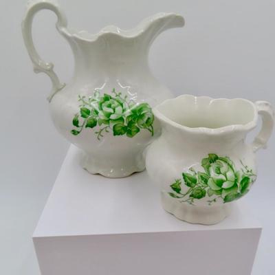 Green floral teapot & creamer